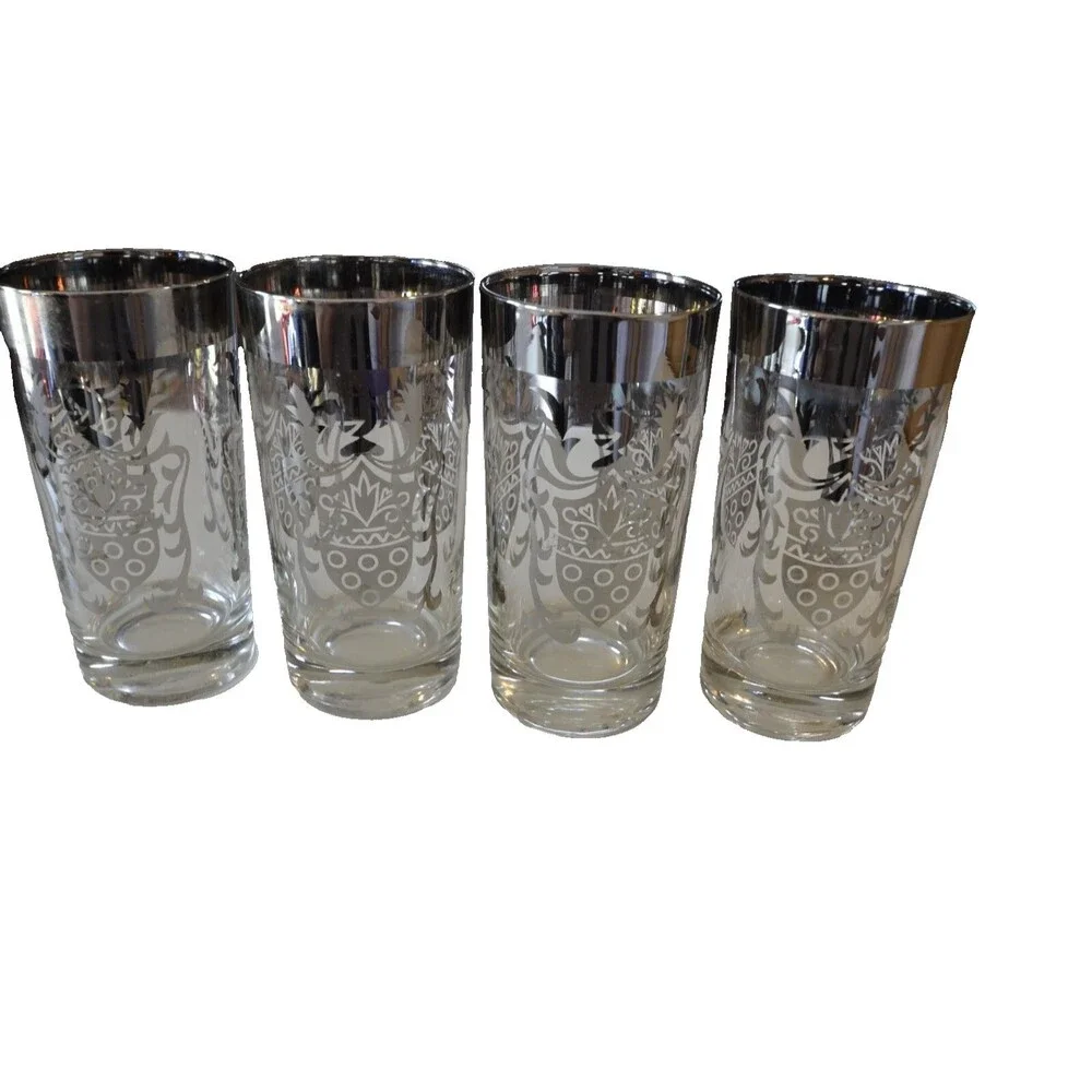 Vintage Kimiko Highball Glasses Set of 4 Gold Greek Key 1960s MCM Barware